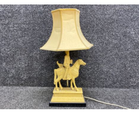 Oriental composition figural table lamp &amp; shade with a man on horse upon stepped plinth design base