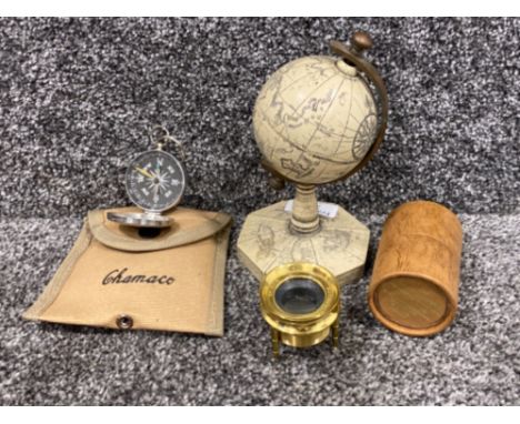 Very heavy retro brass world globe with cased chamaco compass also with a boxed captain cook high powerd magnifier