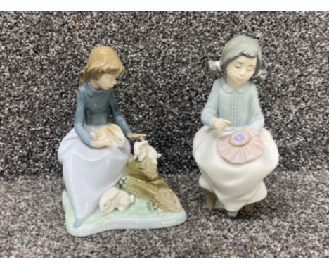 2x Nao by Lladro figures, incudes girl sewing and girl with rabbits