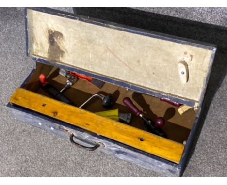 Vintage wooden carpenters tool box, includes contents (mixed tools)