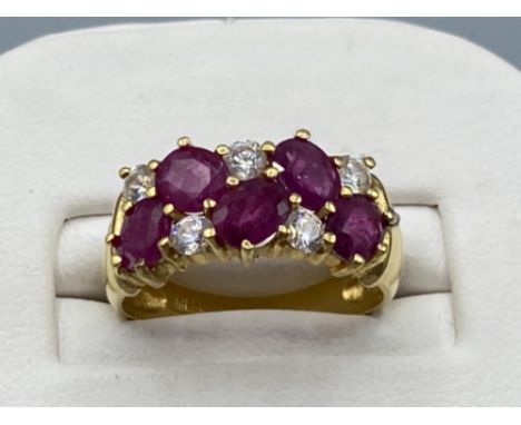 Ladies 9ct gold ruby and white stone ring, size M 1/2 3.5g