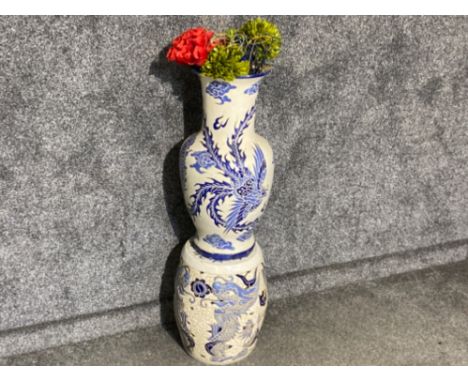 Oriental blue &amp; white (Chinese foo dragon) ceramic barrel base &amp; large flower vase