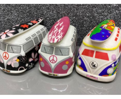 3x camper van (Volkswagen) ceramic money boxes, all complete with stoppers - 2x Hot Lemon &amp; 1x Superking