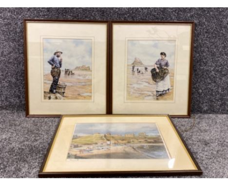 Walter Holmes signed print of Tynemouth and pair of signed Ltd edition prints male and female Holy Island