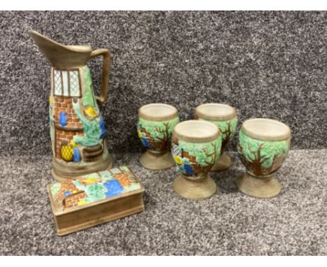 A hand painted J Wood water pitcher &amp; 4  matching cups with cigarette box