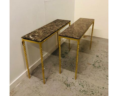 A Pair of Adam Williams design gold leaf frame Narwhal console tables on twisted brass legs with marble tops 120cm w x 83cm H