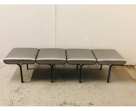A Four seated bench with grey satin upholstery 198cm x 50cm D x 45cm H