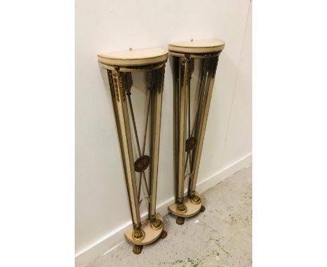 Two tall hallway console stands with gold decorative detail and claw feet 112cm H x 28cm W