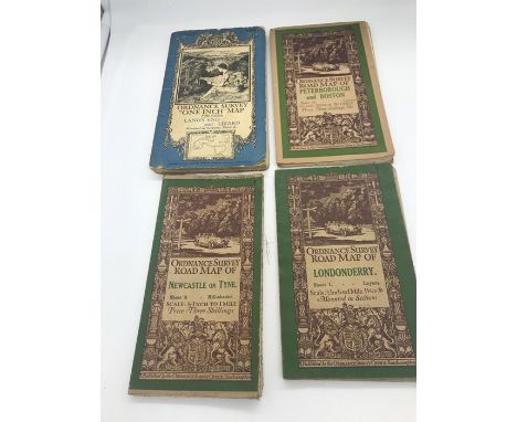 Four Vintage Ordnance Survey Maps, Londonderry, Newcastle Upon Tyne, Peterborough, Landsend.