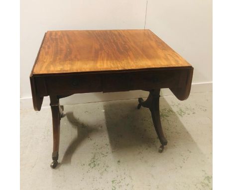 A Regency Sofa Table with stringing and two frieze drawers and splayed feet with brass capping 76cm x 85cm x 76cm.