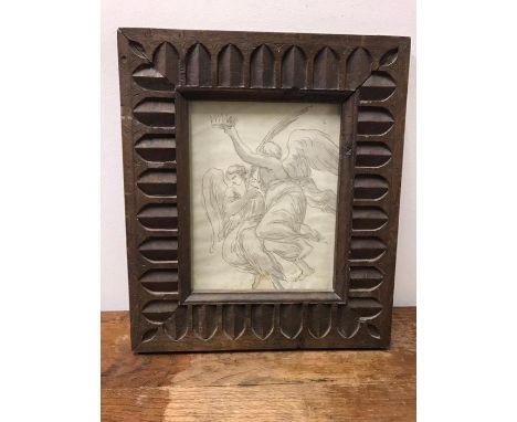 A Pencil drawing of two angels in a carved frame