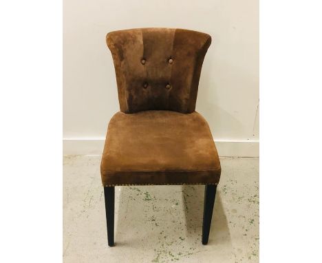 Brown Suede contemporary occasional chair with button back and brass stud trim
