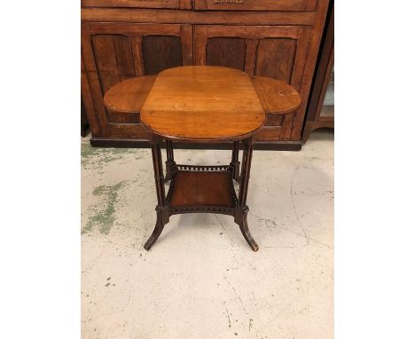 Small Drop leaf side table with four leaves, readed legs, lower shelf with fret work threading.