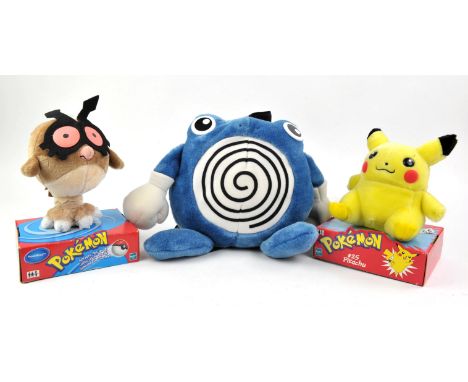 An assortment of Pokémon merchandise Includes: Pikachu Plush, HootHoot Plush and Poliwhirl Backpack Condition Report:  Items 