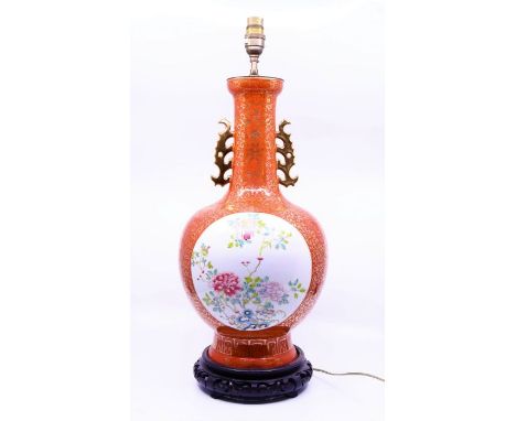 A Chinese Republican coral ground vase, later converted to a lamp