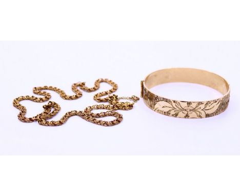 A 9ct fancy link necklace, approx. 17g together with a gilt metal bangle (2)