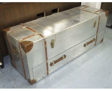 LOW TABLE/TRUNK, aviation style with lift up lid and drawer below in aluminium clad finish, 120cm x 40cm x 43cm H.