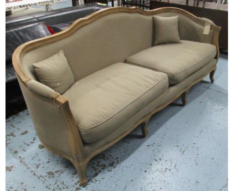 SOFA, two seater, in beige fabric French style in a carved frame with two cushions, 205cm L.