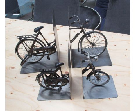 BICYCLE BOOKENDS, two matching pairs, vintage style, metal art work authentic detail British made, largest 27cm H x 19cm. (4)