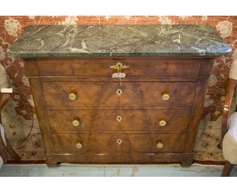 HALL COMMODE, early 19th century French Charles X figured walnut of shallow proportions with green marble top above four long