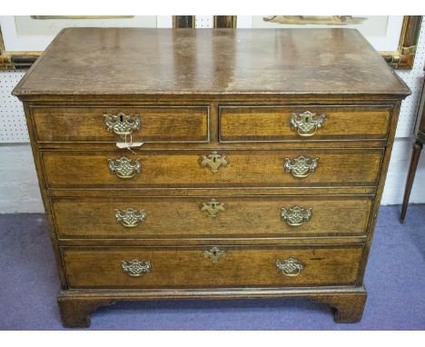 CHEST, George II oak of two short over three long drawers on bracket feet, 95cm W x 81cm H x 50.5cm D. (with faults)