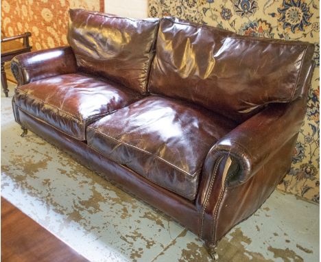 SOFA, Howard style in close nailed brown leather with loose seat and back cushions, 200cm W.