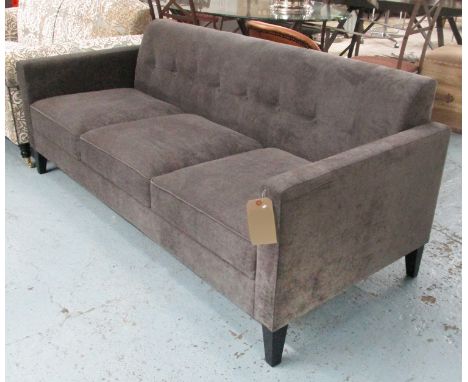 SOFA, three seater, button back in grey fabric on square ebonised supports, 195cm L.