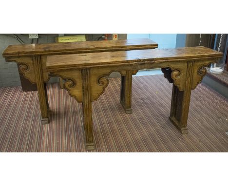 ALTAR TABLES, a pair, northern Chinese elm, circa 1820, with rectangular tops on scroll bracketed supports, 35cm W X 87cm h. 