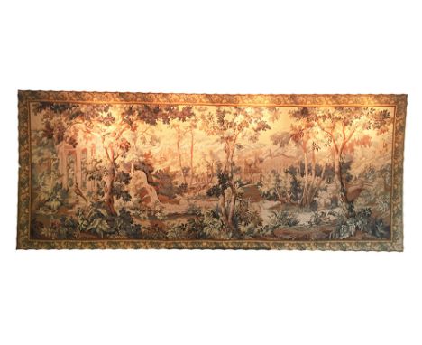 FINE FLEMISH TAPESTRY, 395cm x 162cm, woodland and lake scene.