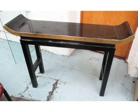 CONSOLE TABLE, in the manner of a Chinese scroll table, ebonised and gilt lacquer, 11cm x 30cm x 76cm H.