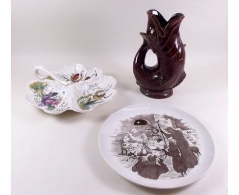 A Victorian floral printed triple dish, a Dartmouth guggle jug and a Copeland Spode nativity plate 