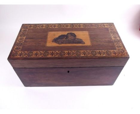 A Victorian rosewood tea caddy with Tunbridgeware King Charles Spaniel and decorative border to lid, fitted two caddies and a