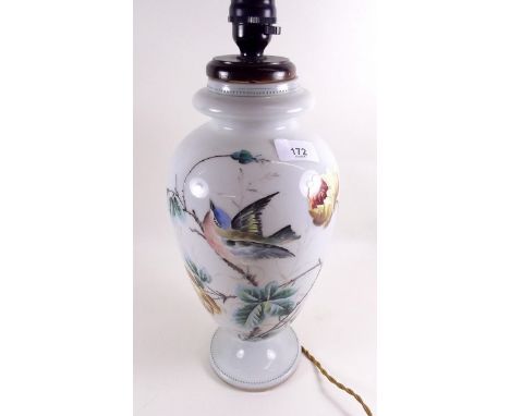 A Victorian glass table  lamp painted birds and flowers