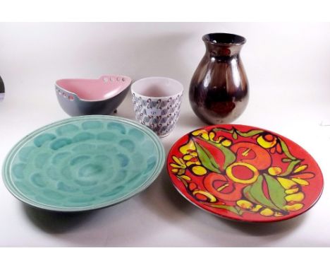 A Poole Aegean large plate, a Poole bowl and two Poole planters