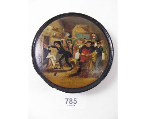 A Victorian papier mache circular snuff box printed and painted Pickwick Club 