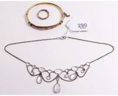 A 9k gold Edwardian moonstone necklace, an Edwardian 9ct gold bangle 8g - a/f and a yellow metal eternity ring 