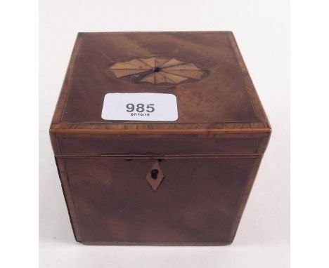 A Georgian mahogany square tea caddy inlaid paterae 
