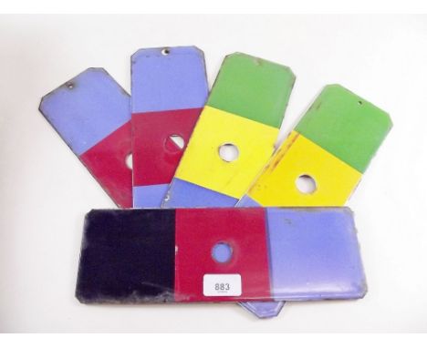 A set of coloured vintage enamelled steel marker plaques (possibly railway related)