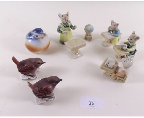 Two Goebel wrens, four mouse ornaments and another bird 