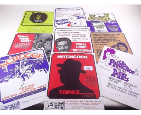 Nine cinema vintage film adverts/flyers including 'Tora Tora Tora', 'Prundance and the Pill' etc. 