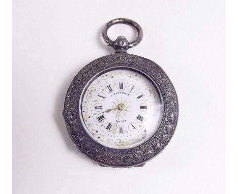 A silver Fattorini fob watch with enamel dial and engraved decoration 