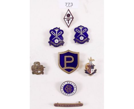 A box of enamel badges including lacrosse etc.