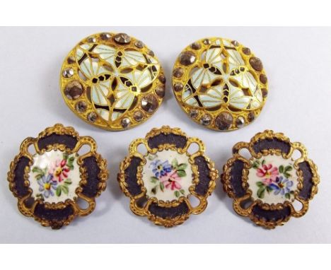 Five enamel buttons and a pair of antique paste buckles 