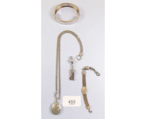A silver bangle, a white metal fob chain and a silver locket and chain 