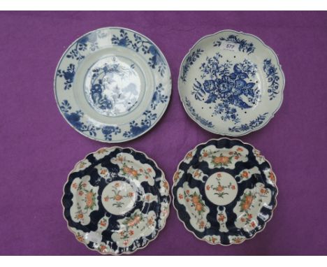 A pair of late 18th century Worcester design dishes having naturalistic decoration, a similar period Worcester plate having b