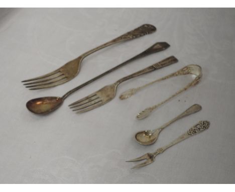 A small selection of HM silver and white metal flatware stamped 800/830 including Norwegian sugar nips and an HM silver fork 