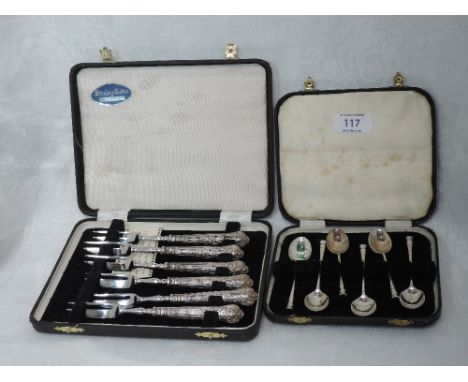 A cased set of six silver handled cake forks in the Kings pattern, Sheffield 1971, Harrison Brothers and a cased set of six s
