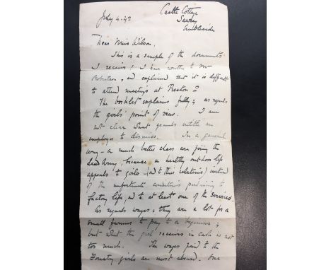 A letter from Beatrix Heelis (Potter) dated July 4th '42, Castle Cottage Sawrey, of Land Army interest, signed