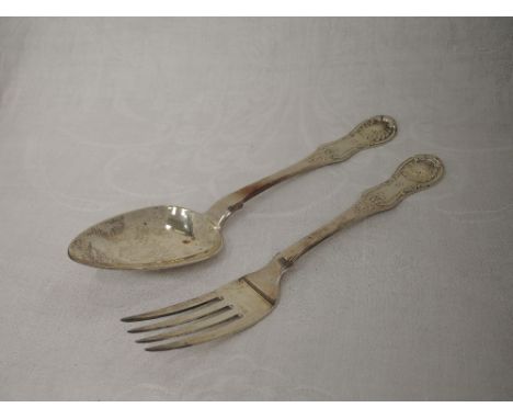 A Georgian Scottish silver table spoon and fork in the Kings pattern bearing monogram R to terminals, Glasgow 1823/28, John M