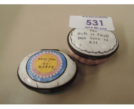 Two early 19th century Bilston enamel pill boxes, May you be Happy and The Gift is small but love is AllHINGE OK BUT 'HAPPY' 